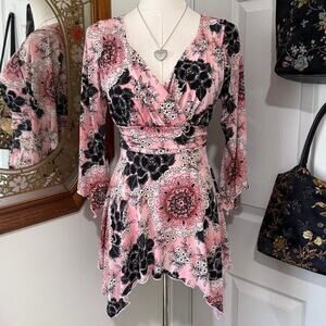 Cato Pink Black Floral Boho Medallion Handkerchief Hem Mid Sleeve Fairycore Top